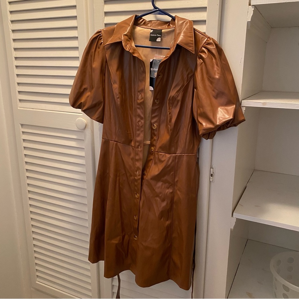 NWT Maison Tara Brown Puff Sleeve Faux Leather MIDI Dress size 10